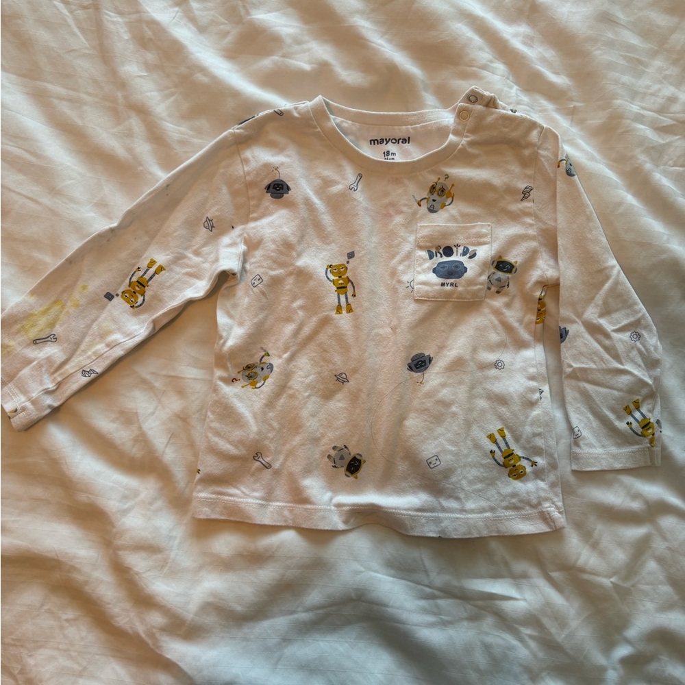 Mayoral White Long Sleeve Tee with Yellow Robot Print